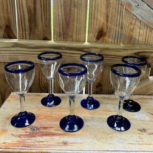 Set of 6 Mexican Hand Blown Wine Glasses with Cobalt Blue Rim & Base